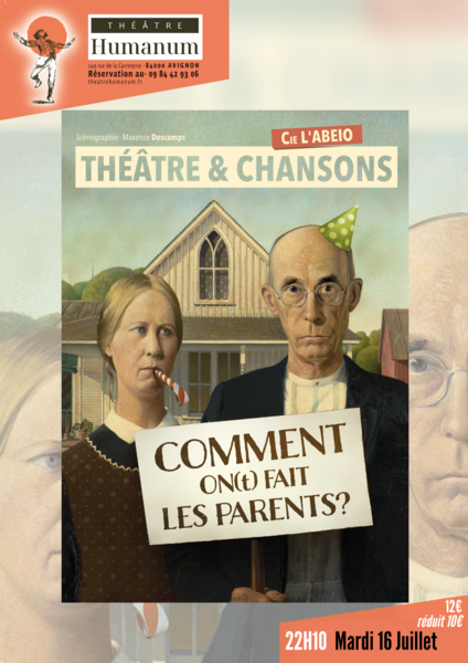 Affiche du spectacle. Un dessin d’une femme et d’un homme, représentants les parents avec une maison en arrière-plan.