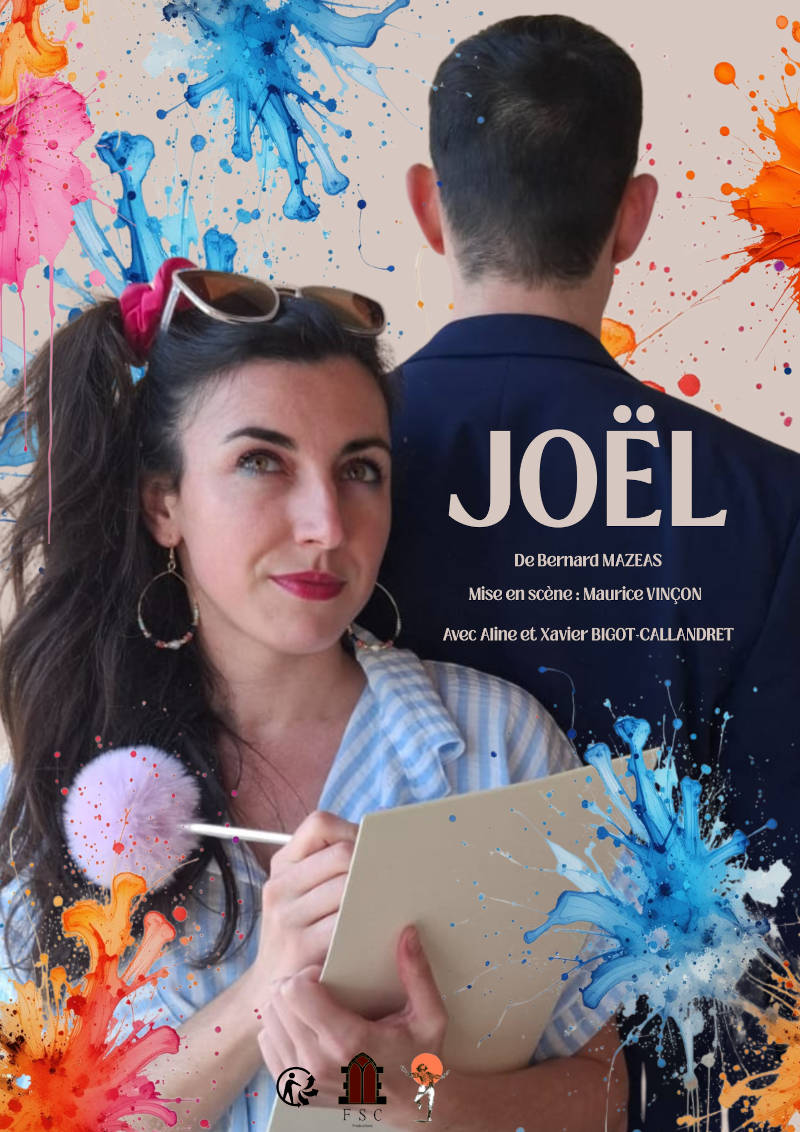 Affiche du spectacle. Un homme de dos avec une femme derrière lui qui prend des notes sur un carnet. Il y a des éclats d’encre de différentes couleurs dans les coins de l’image.