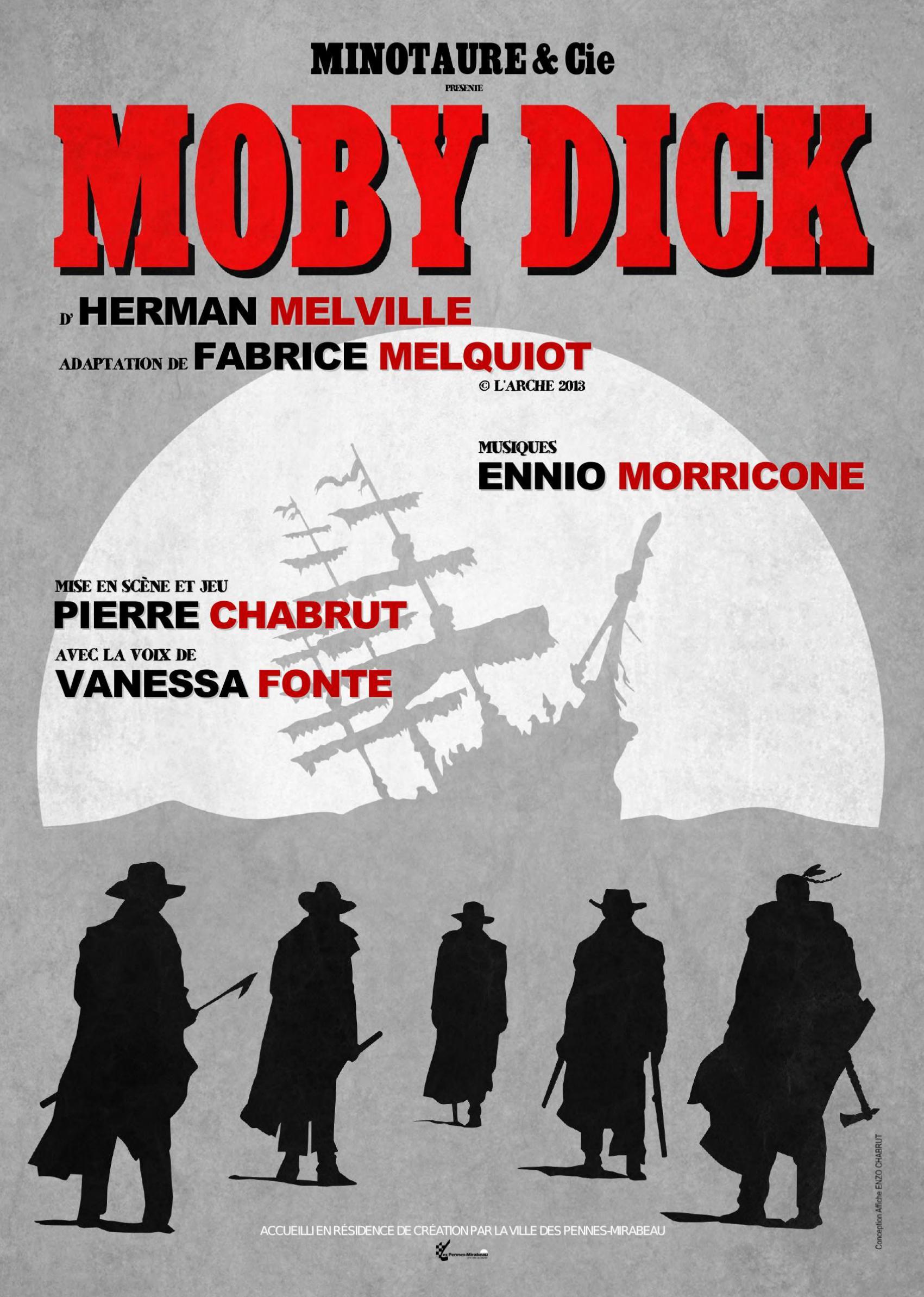 Affiche du spectacle. Dessin où l’on voit des silhouettes de pêcheurs au harpon et un bateau à voile en fond.