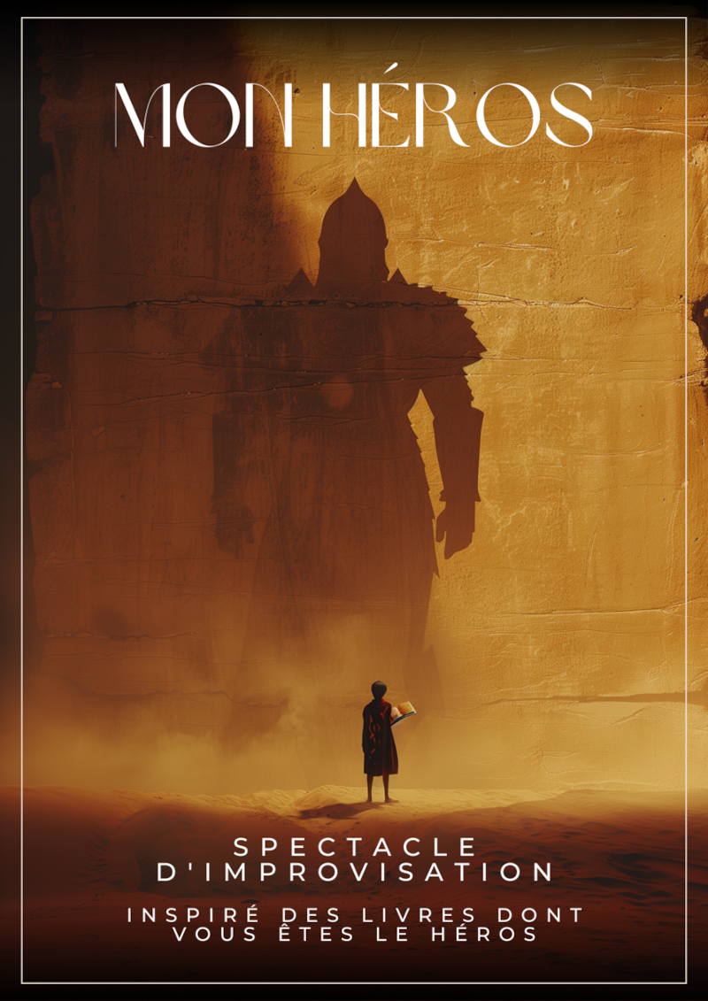Affiche du spectacle. Un personnage illustré se tient face à un mur, avec un livre à la main. Sur ce mur, teinté en partie de couleur or et en partie couleur ocre, une immense ombre d’une silhouette d’un guerrier en armure.