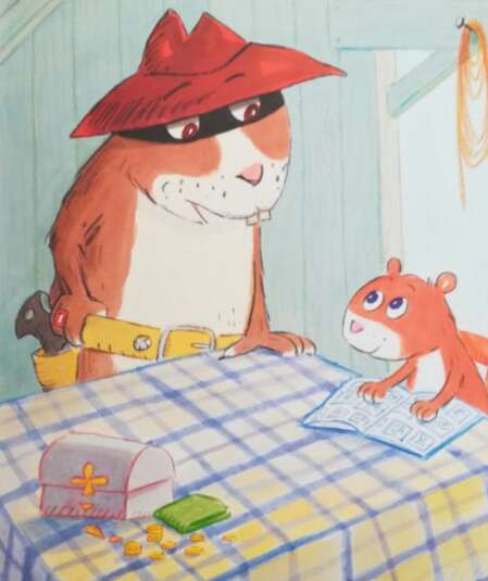 Affiche du spectacle. Illustration type de livre pour enfant, avec deux hamsters représentés comme des humains avec le papa et l’enfant, à table. Le papa est debout et a une arme à la ceinture et un masque sur les yeux.