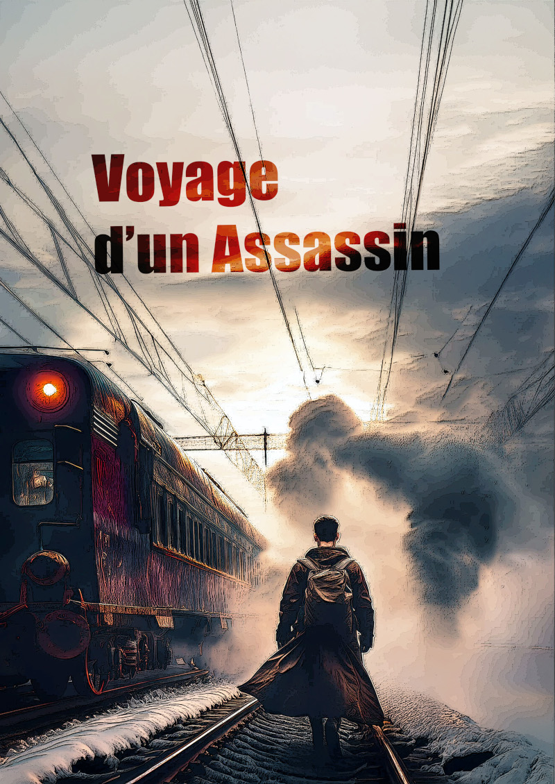Affiche du spectacle. Illustration représentant un voyageur de dos qui marche sur une voie ferrée. Sur la voie à côté on voit un train de passagers. Il y a de la neige sur la voie.
