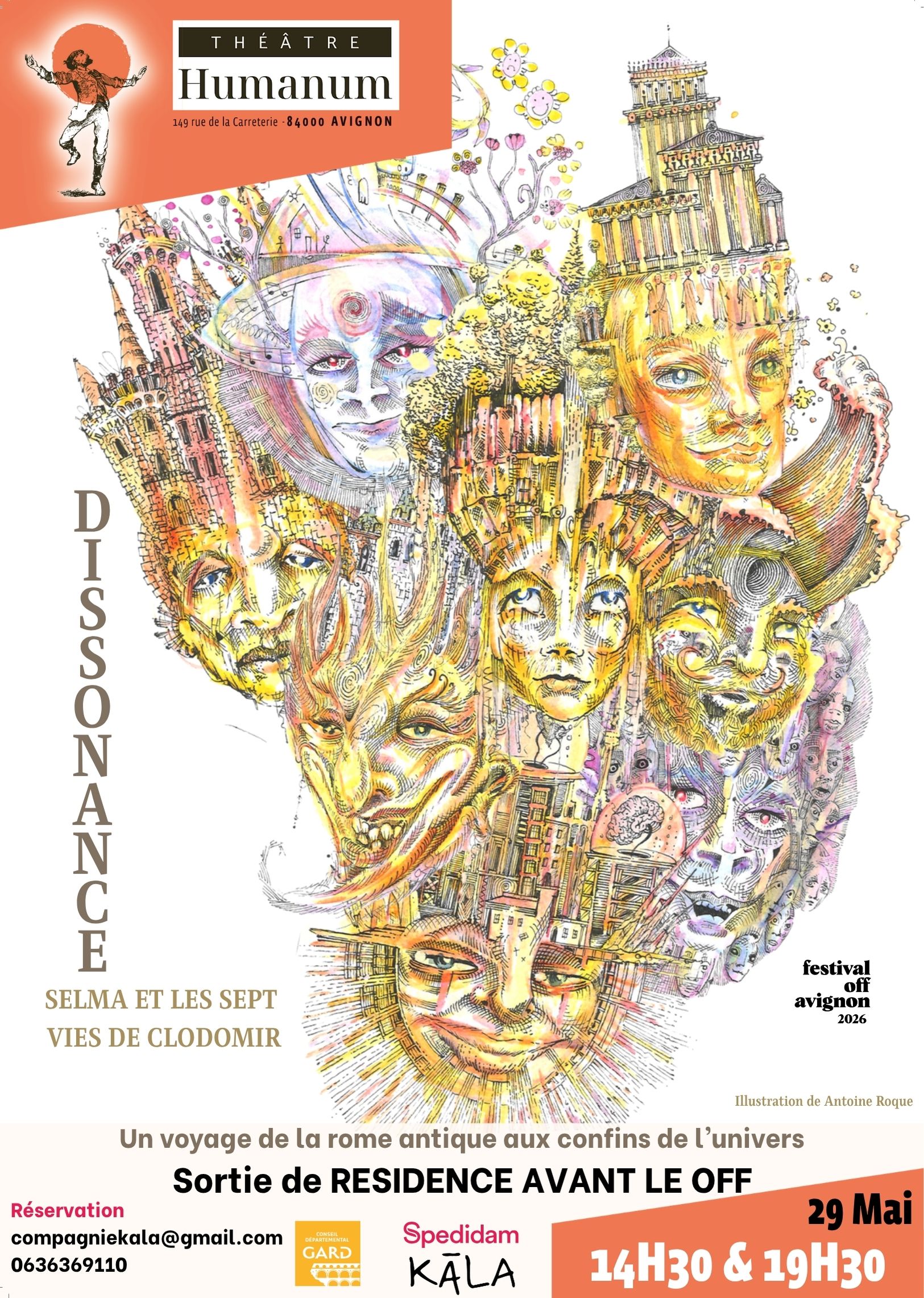 Affiche du spectacle avec le titre écrit à la verticale et une illustration de plusieurs têtes humaines avec des bâtiments comme cheveux (un château, une acropole, des immeubles résidentiels).