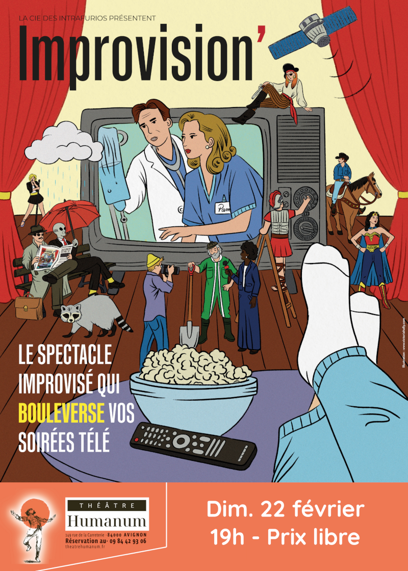 Une grosse télévision est posée sur une scène, face à un spectateur dont on ne voit que les pieds posés sur une table basse. Deux personnages sont « dans la TV » et une multitude d’autres personnages vivent sur la scène, autour de cette télévision.