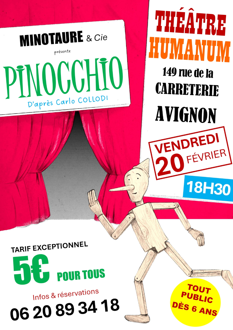 Affiche du spectacle Pinocchio. Il y a un rideau de scène rouge, et Pinocchio de couleur claire, qui court vers la gauche.