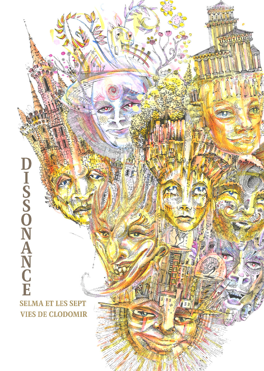 Affiche du spectacle qui est une lithographie représentant un amas de visages mélangés à des bâtiments, avec des motifs floraux et de vagues. La couleur principale est le jaune.