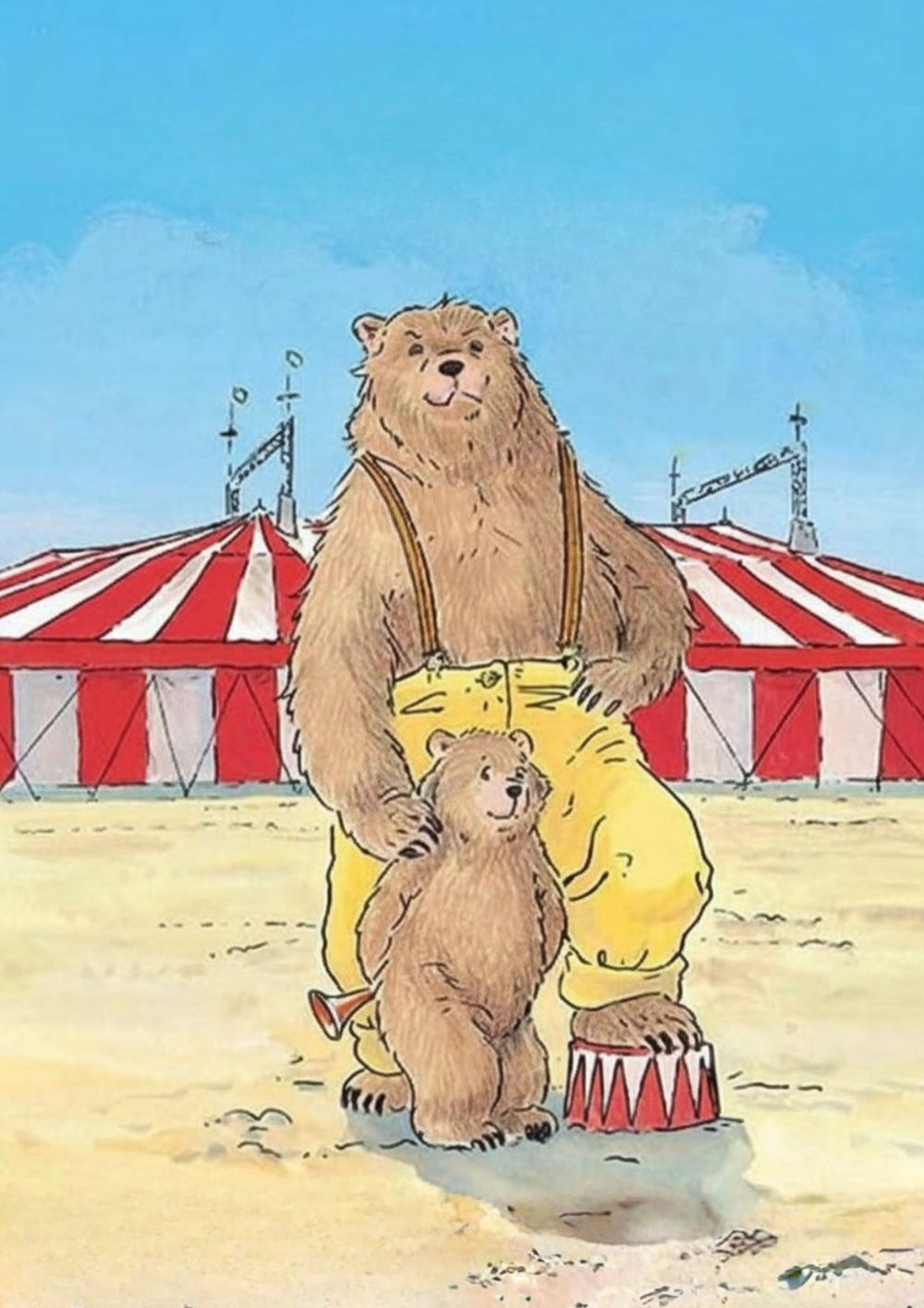 Affiche du spectacle représentant un dessin d’un papa ours habillé et de son fils qui posent devant un châpiteau de cirque.