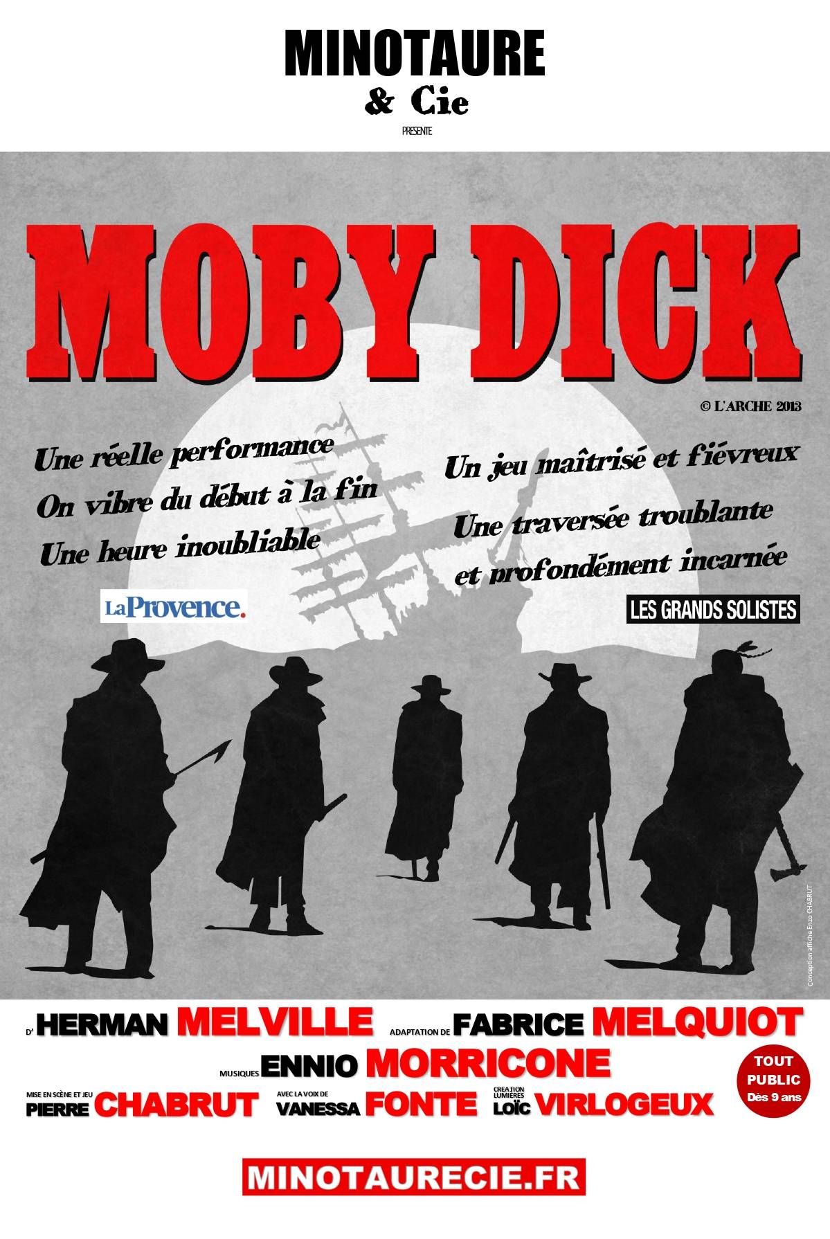Affiche du spectacle. Dessin où l’on voit des silhouettes de pêcheurs au harpon et un bateau à voile en fond.