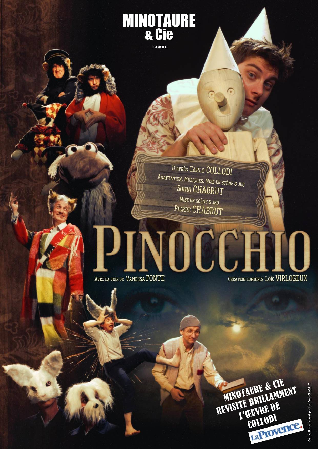 Affiche du spectacle. Il s’agit d’un collage des photographies des personnages de la pièce en costume de scène sur fond noir.