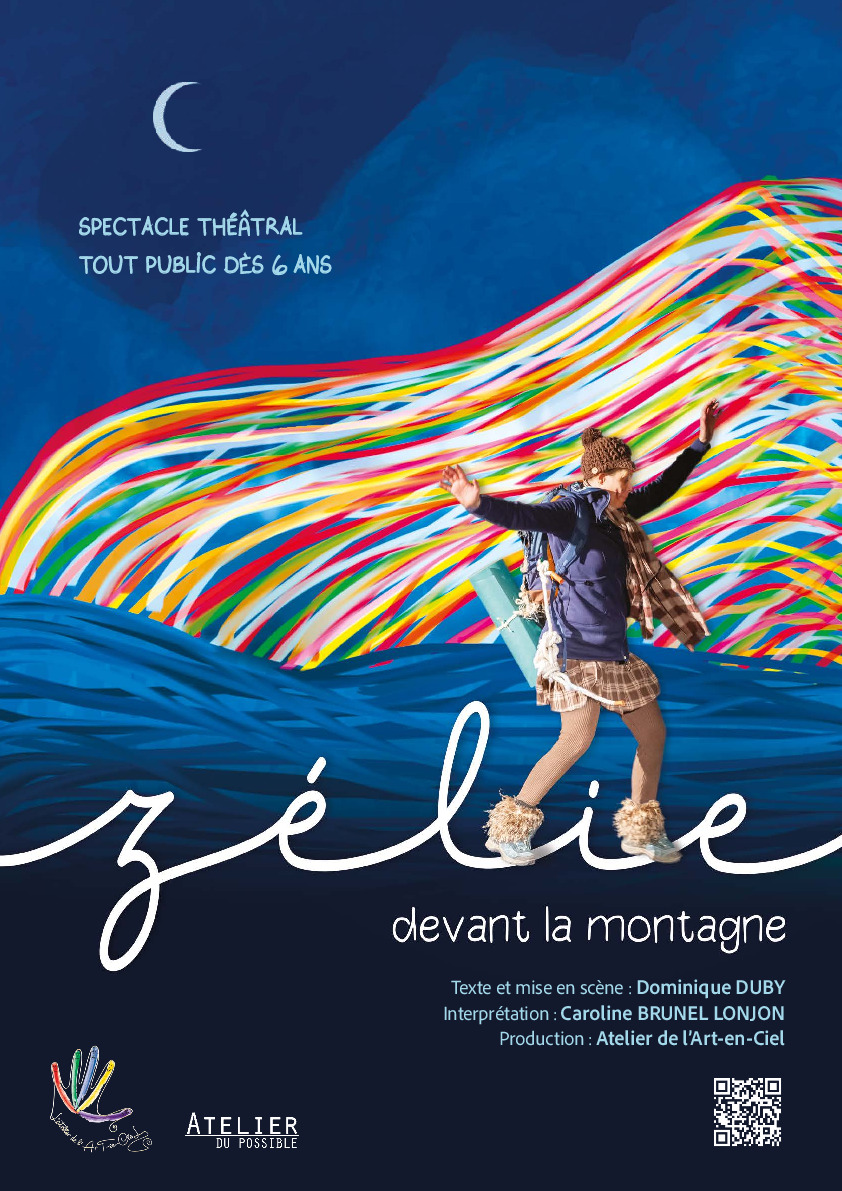 Affiche du spectacle représentant une jeune fille marchant sur les lettres du titre du spectacle, avec, derrière elle, des rubans de couleur semblant à une vague multicolore.