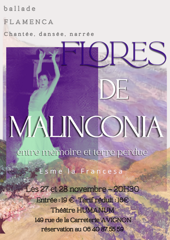 Affiche du spectacle. Montage photo avec la danseuse et un paysage de collines.