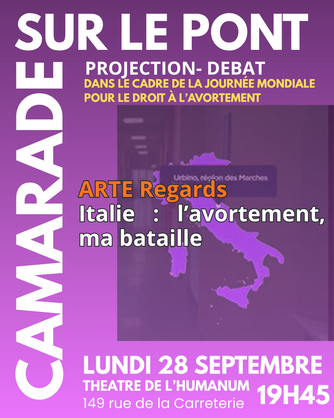 Affiche en tons violet avec les informations de l'évènement.