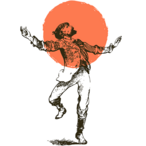 Le logo du théâtre qui représente un homme dessiné qui danse les bras en l’air et avec une sorte d’auréole de couleur orange semi-transparente recouvrant sa tête, son buste et une partie de ses bras.